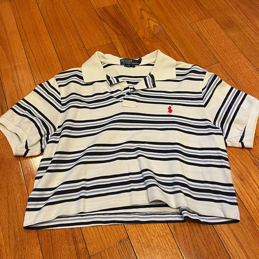 Polo by Ralph Lauren White Navy Striped Crop Polo with Red Logo